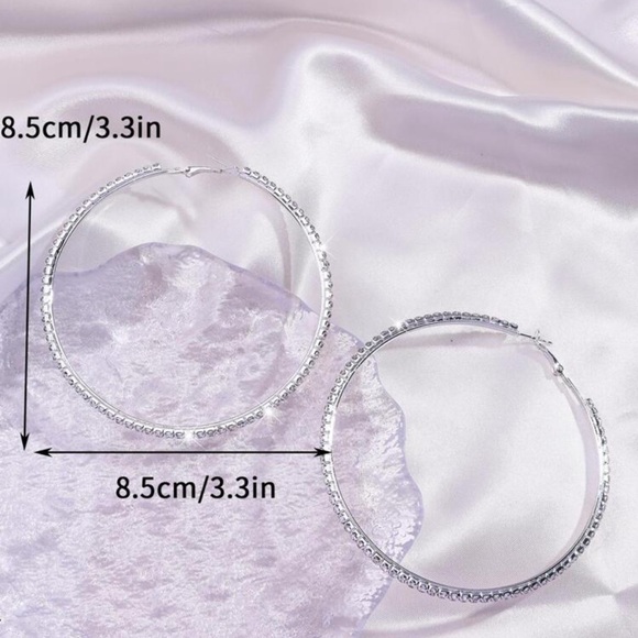 Rhinestone Silver Hoop Earrings - Picture 2 of 7
